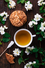 Obraz na płótnie Canvas Tea with jasmine and oatmeal cookies on a brown wooden background, white flowers around