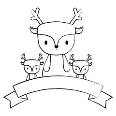 cute deers and decorative ribbon over white background, vector illustration
