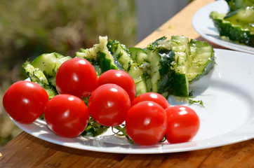 fresh vegetables cucumber tomatoes pepper and salad leaves