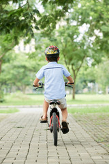 Back view of boy in helmet riding bicycle on brick path in park