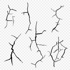 Vector set of cracks in the surface. The elements of a fault in the earth, isolated on a transparent background.