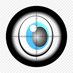 Cartoon eyes with sniper optical sight. Eyes looking for target. At gunpoint. View through the sight of a hunter rifle on an isolated transparent background. EPS 10.