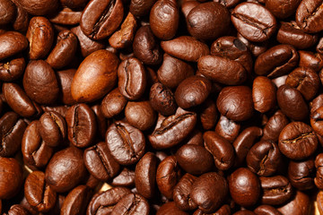 Close up of coffee beans texture background, selective focus