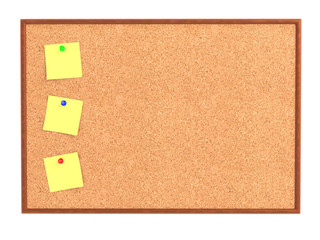 Empty cork board (noticeboard) with yellow sticky notes isolated on white. Mockup template - 3D rendering