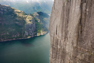 Looking into the precipice to the Lysefjord from the Preacher's Pulpit