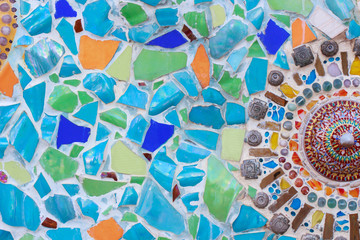 Colorful glass and tile wall texture background, mosaic art