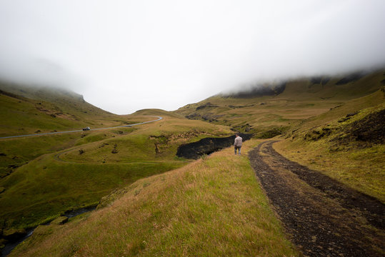 Iceland dramatic landscape with one man standing