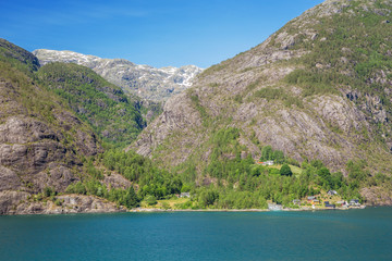 Obraz premium Looking at the opposite side of the Akrafjorden from the spot where the Langfossen flows into the fjord