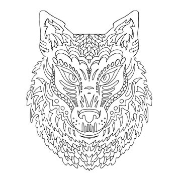 Wild beautiful wolf head hand draw on a white background. Color book. Fashion in a vector illustration