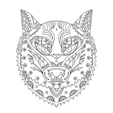 Wild beautiful wolf head hand draw on a white background. Color book. Fashion steam punk style in a vector illustration