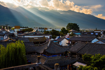 Top view of Chinese Traditional Tiled roofs in Dali, Yunnan Province, China, Asia, Asian, East...