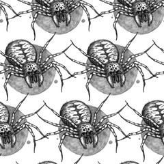 Seamless texture with a spider. Scary repeating background. Can be used for Halloween party, as cover or wrapper.