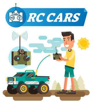 Remote control cars vector illustration. Boy with joystick buttons drive wireless car with antenna. Electronic toy with wheels to drive off road. wifi system symbol.