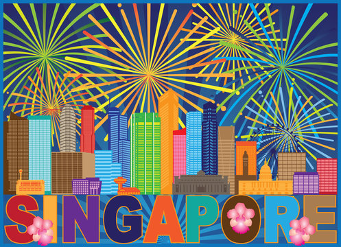 Singapore City Skyline Fireworks Color vector  Illustration