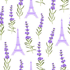 Fototapeta na wymiar Pattern with violet lavender flowers, leaves and Eiffel tower. Seamless background with summer blooming flowers pattern.