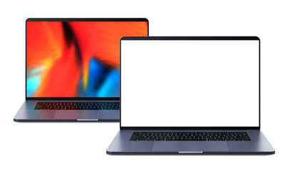 Laptops with blank screen isolated on white background, white aluminium body.Whole in focus. High detailed.