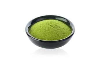 powdered matcha green tea in bowl, isolated on white background