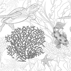 Obraz premium Morze świata wzór, tło z ryb, korali i muszli na białym tle. Stockowa ilustracja wektorowa. W monochromatycznej szarości