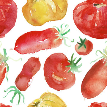 Tomato seamless pattern and vegetable background with a natural watercolor illustration of tomatoes and paper textures.