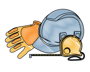 construction safety helmet and glove and measuring tape over white background, vector illustration