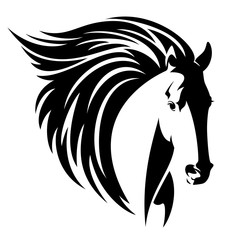 Naklejka premium horse head with long flying mane - black and white vector design
