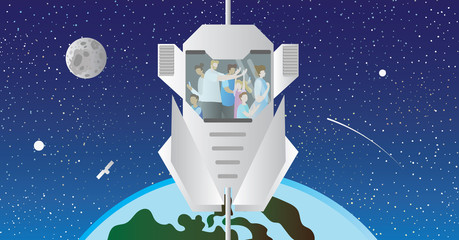 Space elevator vector illustration. Cosmic transport and sightseeing using modern space lift model and raise up out of the atmosphere. Family holidays high in cosmos. © VectorMine