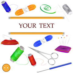 Set of tools for needlework and sewing. Handmade equipment and needlework accessoriesy, sketch illustration. Vector