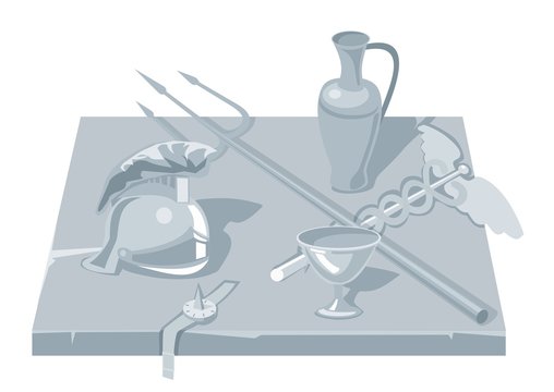 Set greece objects. Pot, Helmet, cup, trident, rod.