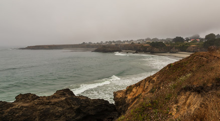 Mendocino town on a foggy morning