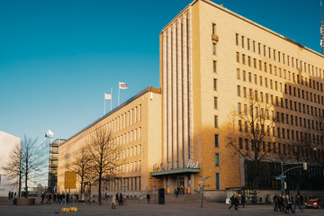 Helsinki, Finland. Post Office Building In Sunny Winter Day