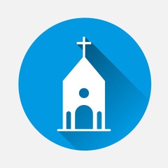 Church building icon on blue background. Flat image church icon with long shadow. Layers grouped for easy editing illustration. For your design.