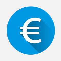 Vector image of the euro sign on blue background. Flat image euro icon with long shadow. Layers grouped for easy editing illustration. For your design.