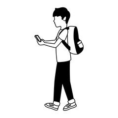 Young man with backpack and smartphone vector illustration graphic design