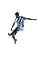 Fototapeta na wymiar Professional football soccer player in action or movement isolated on white studio background