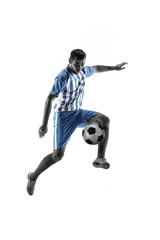 Fototapeta premium Professional football soccer player with ball isolated on white studio background
