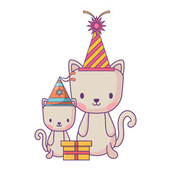 happy birthday design with cute cats with party hats over white background, vector illustration