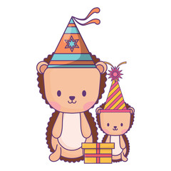 happy birthday design with cute porcupines with party hats over white background, vector illustration