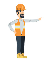 cartoon construction worker with safety vest and helmet over white background, vector illustration