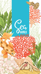 Fototapeta premium Sea card with gold fish, corals and shells. Good for greeting card, invitation. Template with place for text. Stock, vector, illustration.