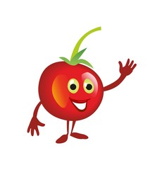 Tomato cartoon smiles and waves his hand. Color flat