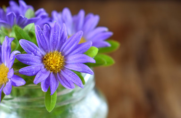 Bouquet of little violet asters against the wooden background. Copy space