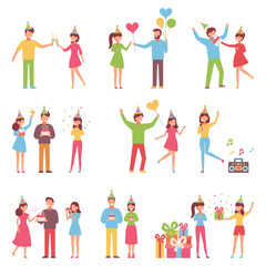 Fototapeta premium Vector background in a flat style of group of happy best friends singing and celebrating birthday party