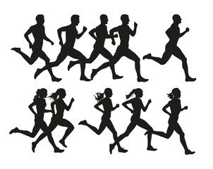 Running people, vector isolated silhouettes. Run, men and women