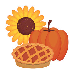 sunflower with pumpkin and apple pie over white background, vector illustration