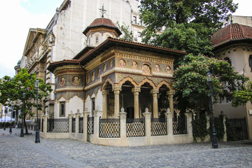 Fototapeta premium Stavropoleos Monastery,St. Michael and Gabriel church in the old town area in Bucharest, Romania.