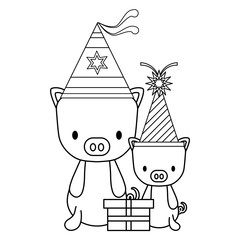 happy birthday design with cute pigs with party hats over white background, vector illustration