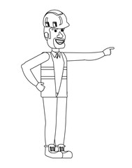 cartoon construction worker with safety vest and helmet over white background, vector illustration