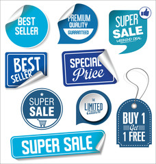 Blue sale stickers vector illustration collection