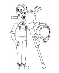 construction man holding a hammer drill over white background, vector illustration
