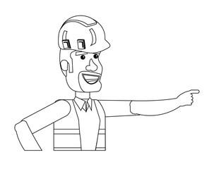 cartoon construction worker with safety vest and helmet over white background, vector illustration